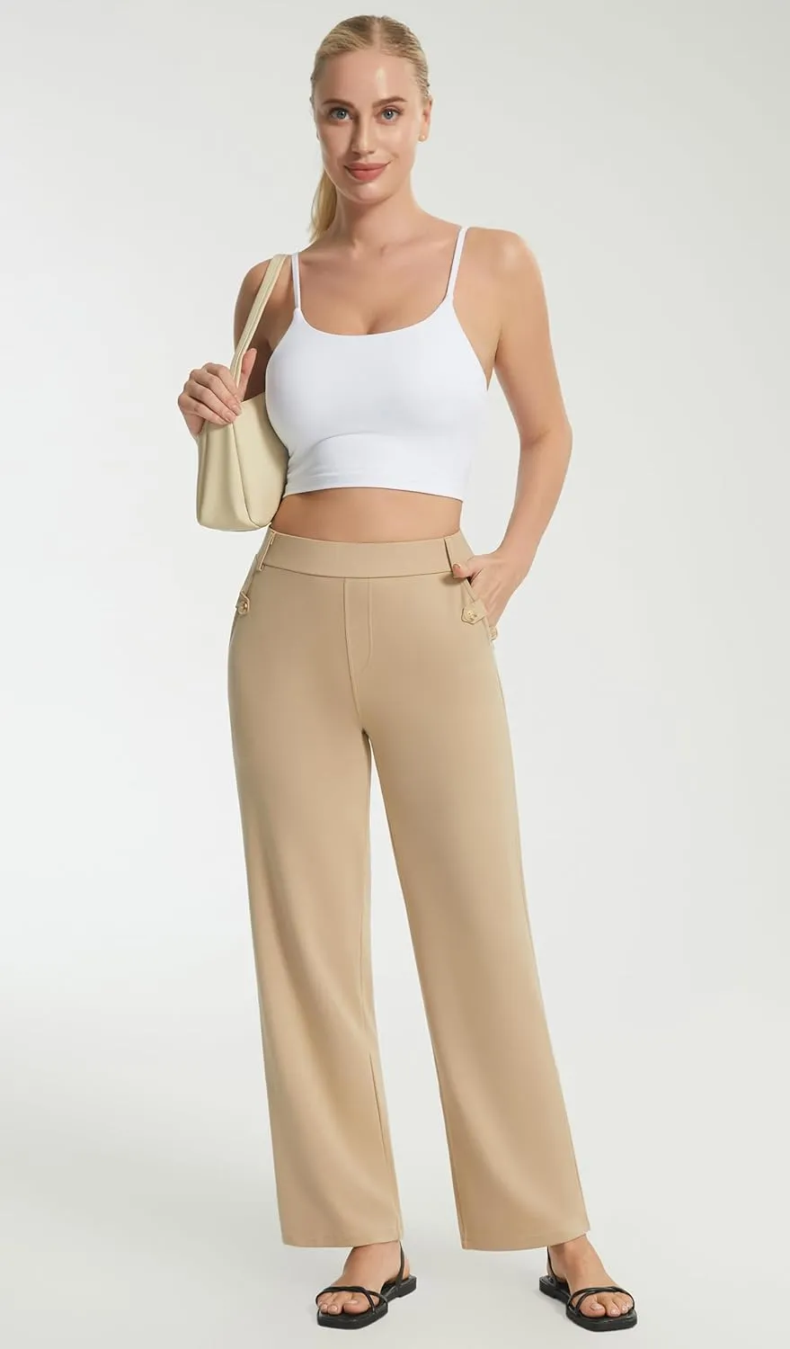 AFITNE Women's Yoga Dress Pants High Waist Pull On Dressy Work Pants Stretchy Business Casual Ankle Length Trousers
