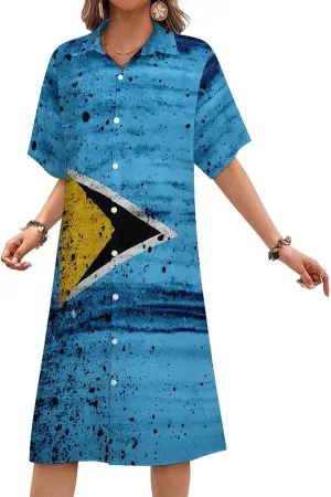 Albanian Flag Womens Button Down Shirt Dresses Simple Button Up Short Sleeve Blouse Tops