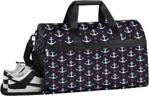 Anchors Hearts Sports Gym Bag with Wet Pocket & Shoes Compartment Waterproof Workout Duffel Bag for Women and Men Weekender Overnight Duffle Bag Travel Carry-on Tote