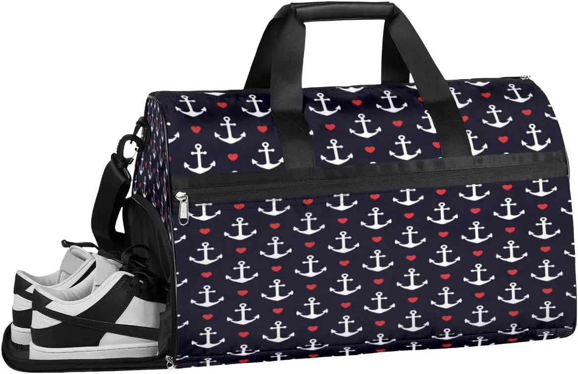 Anchors Hearts Sports Gym Bag with Wet Pocket & Shoes Compartment Waterproof Workout Duffel Bag for Women and Men Weekender Overnight Duffle Bag Travel Carry-on Tote