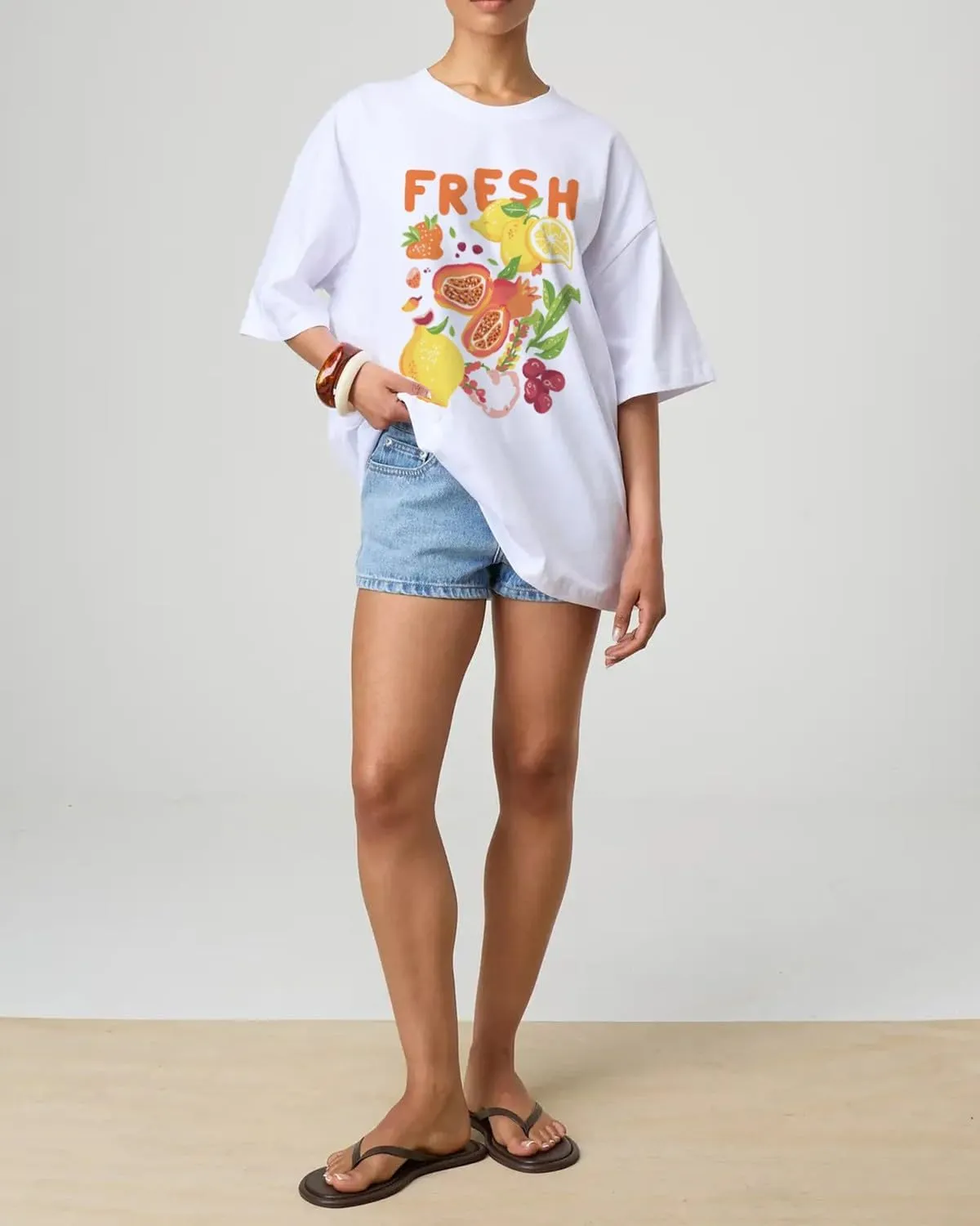 BAIGRAM Women Y2K Oversized Aesthetic Fruit Graphic Print Tee Top Baggy Loose Fit Short Sleeve Cotton Tshirt Summer 2025