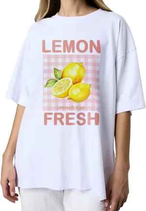 BAIGRAM Women Y2K Oversized Aesthetic Fruit Graphic Print Tee Top Baggy Loose Fit Short Sleeve Cotton Tshirt Summer 2025