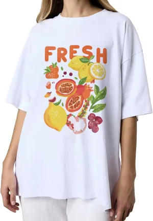 BAIGRAM Women Y2K Oversized Aesthetic Fruit Graphic Print Tee Top Baggy Loose Fit Short Sleeve Cotton Tshirt Summer 2025