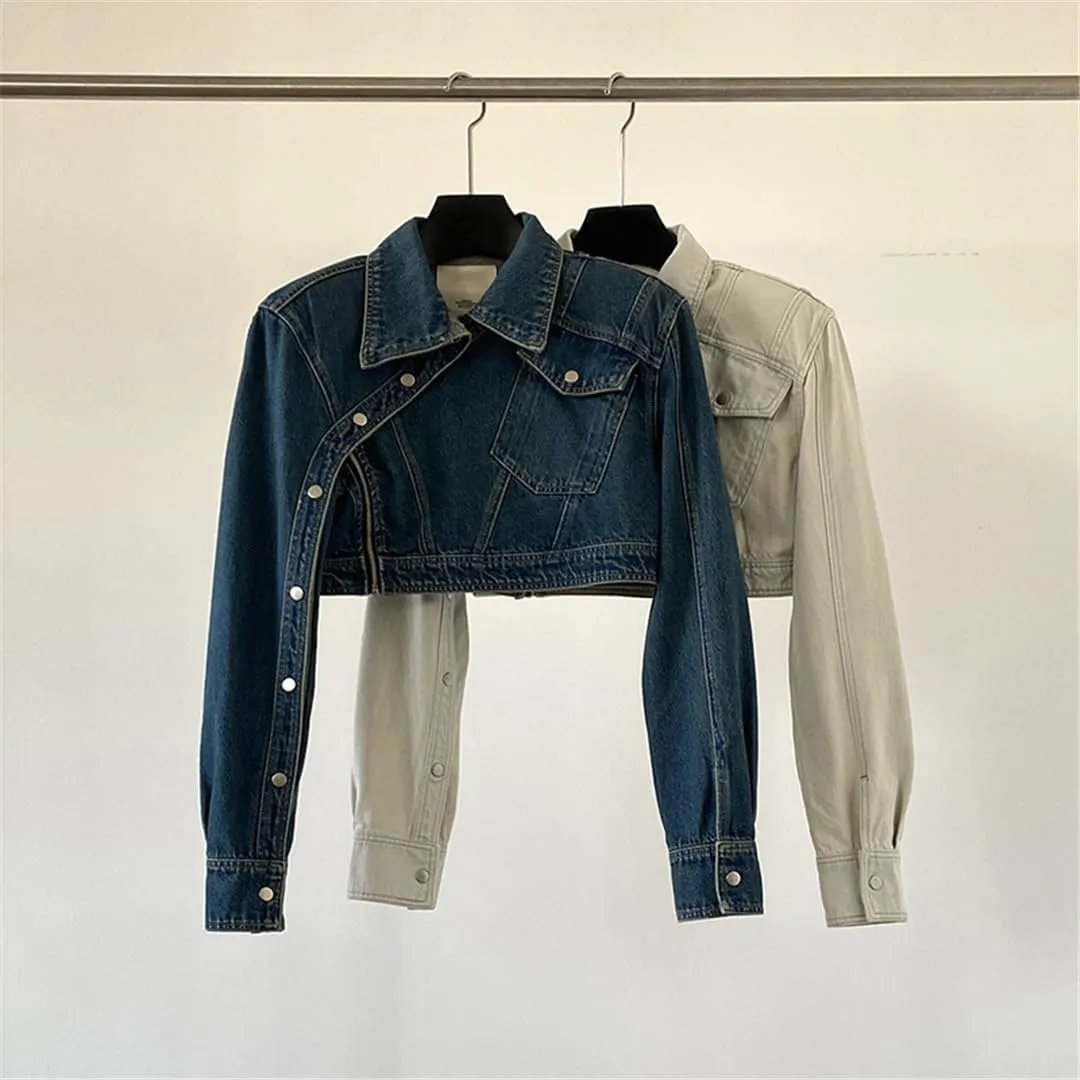 Bciopll Women's Denim Coat Long Sleeve Slim Short Spliced Buttons Deconstructed Jackets