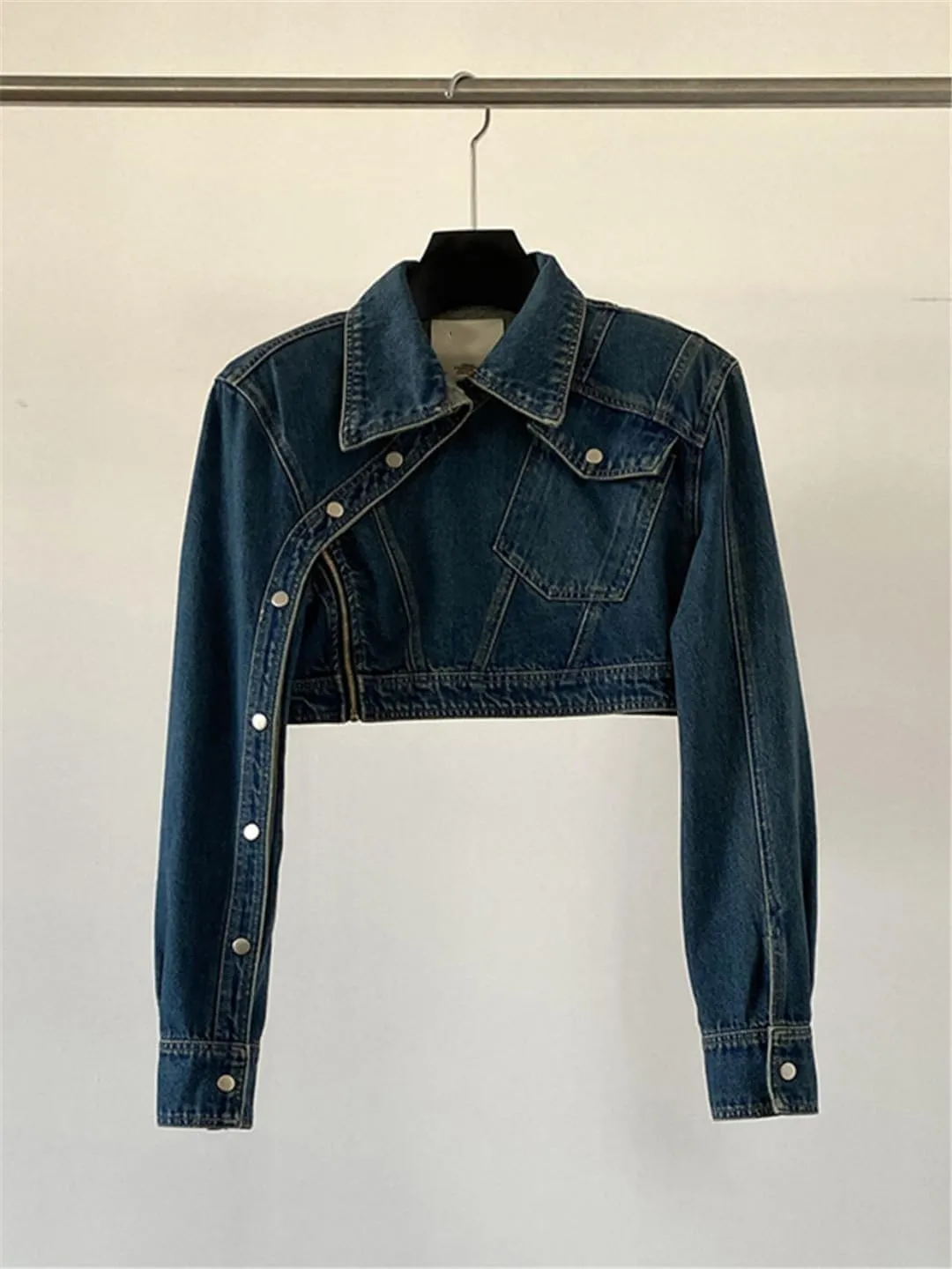 Bciopll Women's Denim Coat Long Sleeve Slim Short Spliced Buttons Deconstructed Jackets