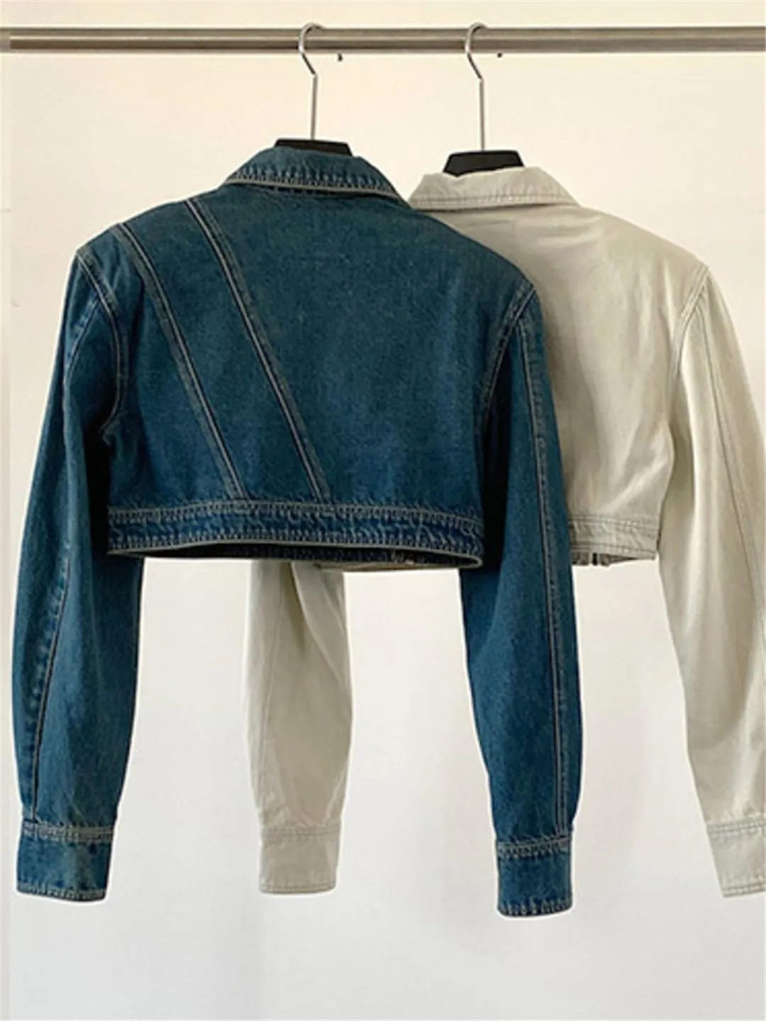 Bciopll Women's Denim Coat Long Sleeve Slim Short Spliced Buttons Deconstructed Jackets