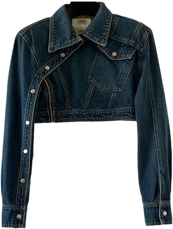 Bciopll Women's Denim Coat Long Sleeve Slim Short Spliced Buttons Deconstructed Jackets
