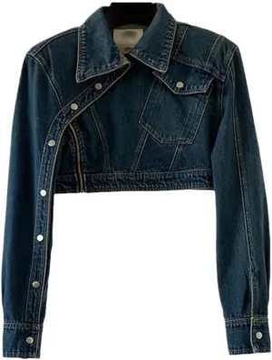 Bciopll Women's Denim Coat Long Sleeve Slim Short Spliced Buttons Deconstructed Jackets