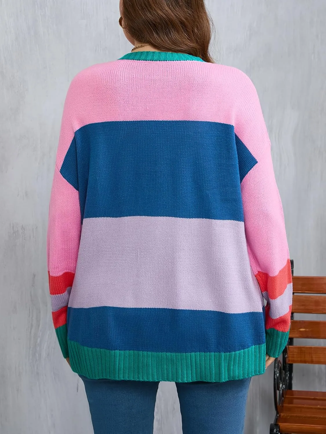 Beautife Womens Plus Size Ski Print Color Block Sweater Fall Trendy Crew Neck Long Sleeve Loose Pullover Knit Tops