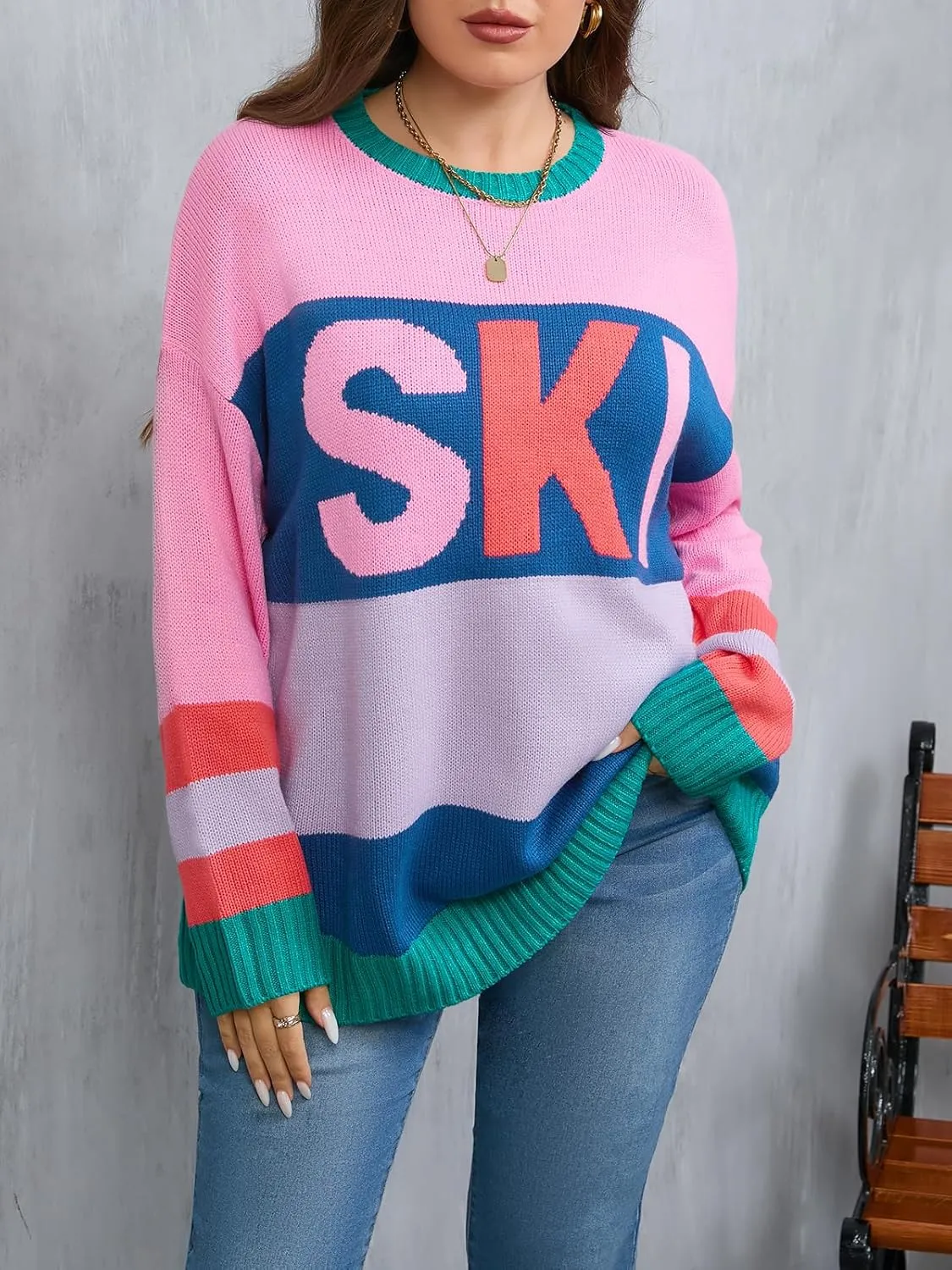 Beautife Womens Plus Size Ski Print Color Block Sweater Fall Trendy Crew Neck Long Sleeve Loose Pullover Knit Tops