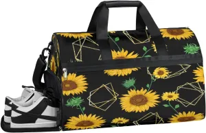 Black Sunflower Sports Gym Bag with Wet Pocket & Shoes Compartment Waterproof Workout Duffel Bag for Women and Men Weekender Overnight Duffle Bag Travel Carry-on Tote