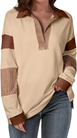 BLENCOT Women's Casual Striped Half Zip Up Drop Shoulder Sweatshirt Oversized Long Sleeve Pullover Tops with Pockets