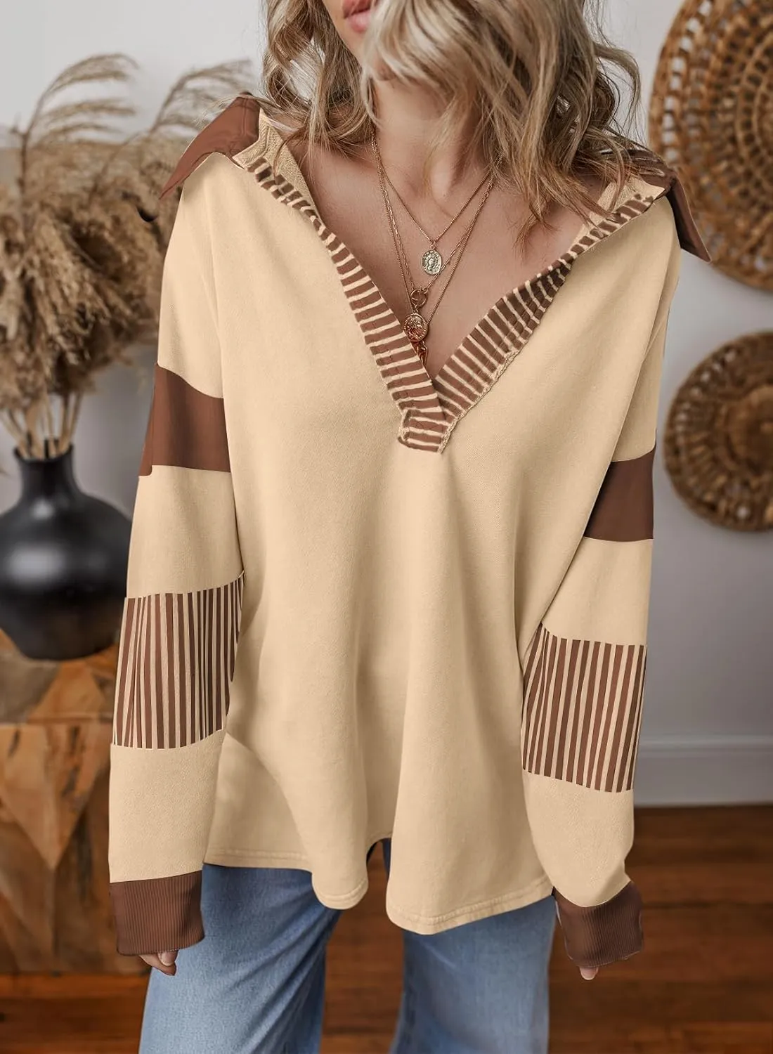 BLENCOT Women's Casual Striped Half Zip Up Drop Shoulder Sweatshirt Oversized Long Sleeve Pullover Tops with Pockets