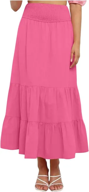 Boho Skirts for Women 2025 Summer Elastic Waist Ruffle Long Skirt Vacation Hawaiian Flowy Tiered Maxi Skirt