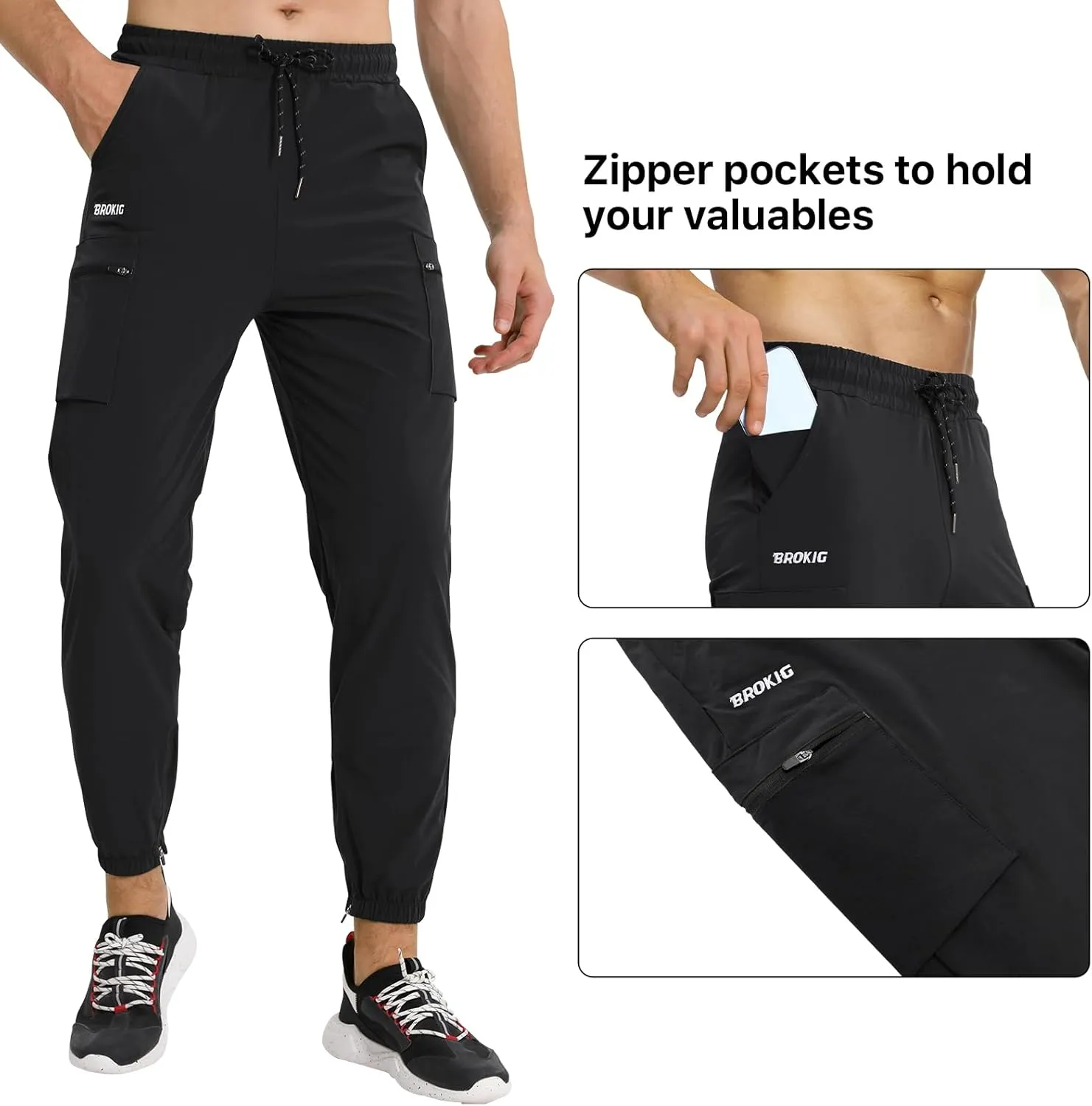 BROKIG Men's Joggers Lightweight Workout Pants Ankle Zip Gym Athletic Sports Running Sweatpants Men with Pockets