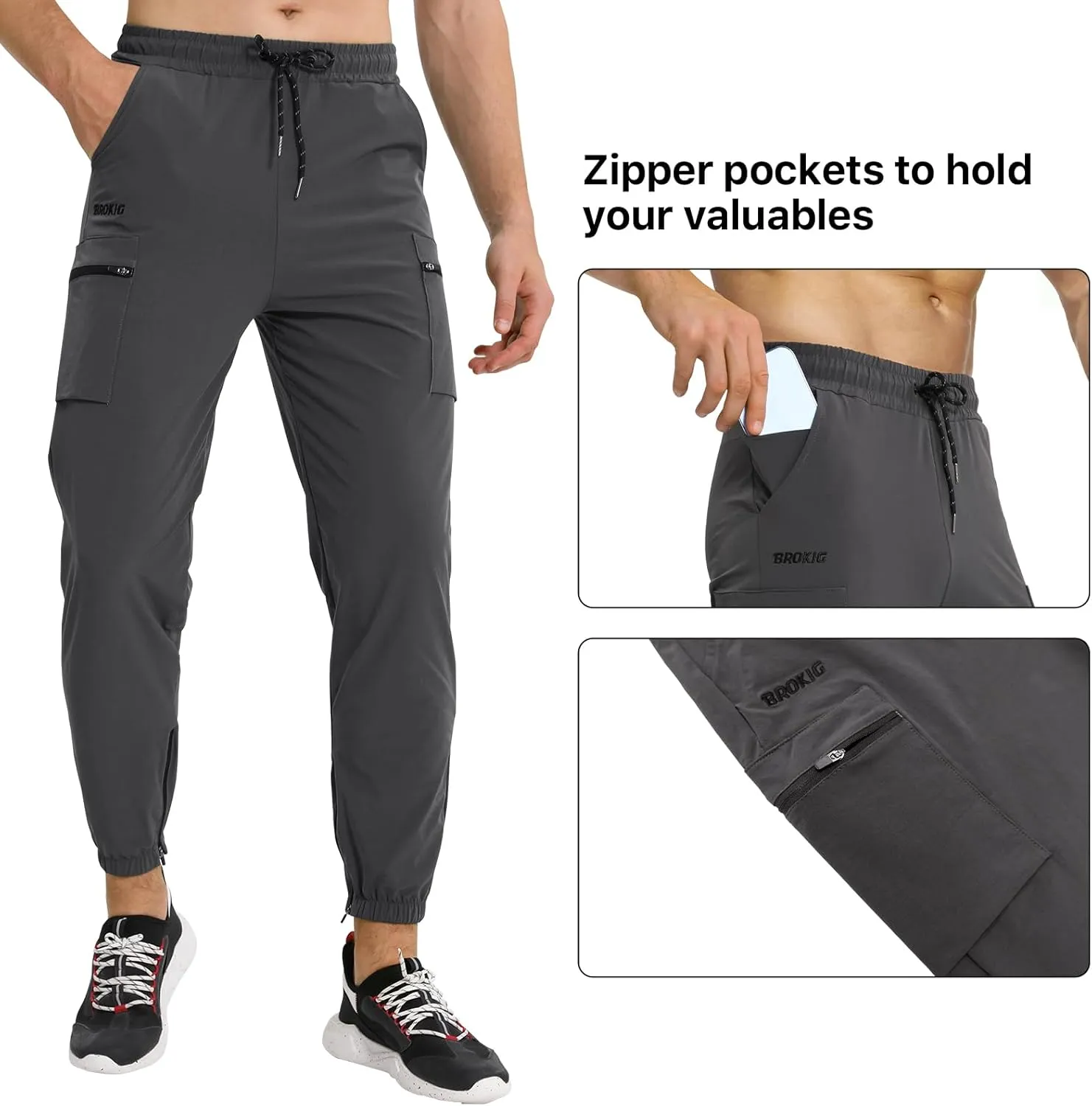 BROKIG Men's Joggers Lightweight Workout Pants Ankle Zip Gym Athletic Sports Running Sweatpants Men with Pockets