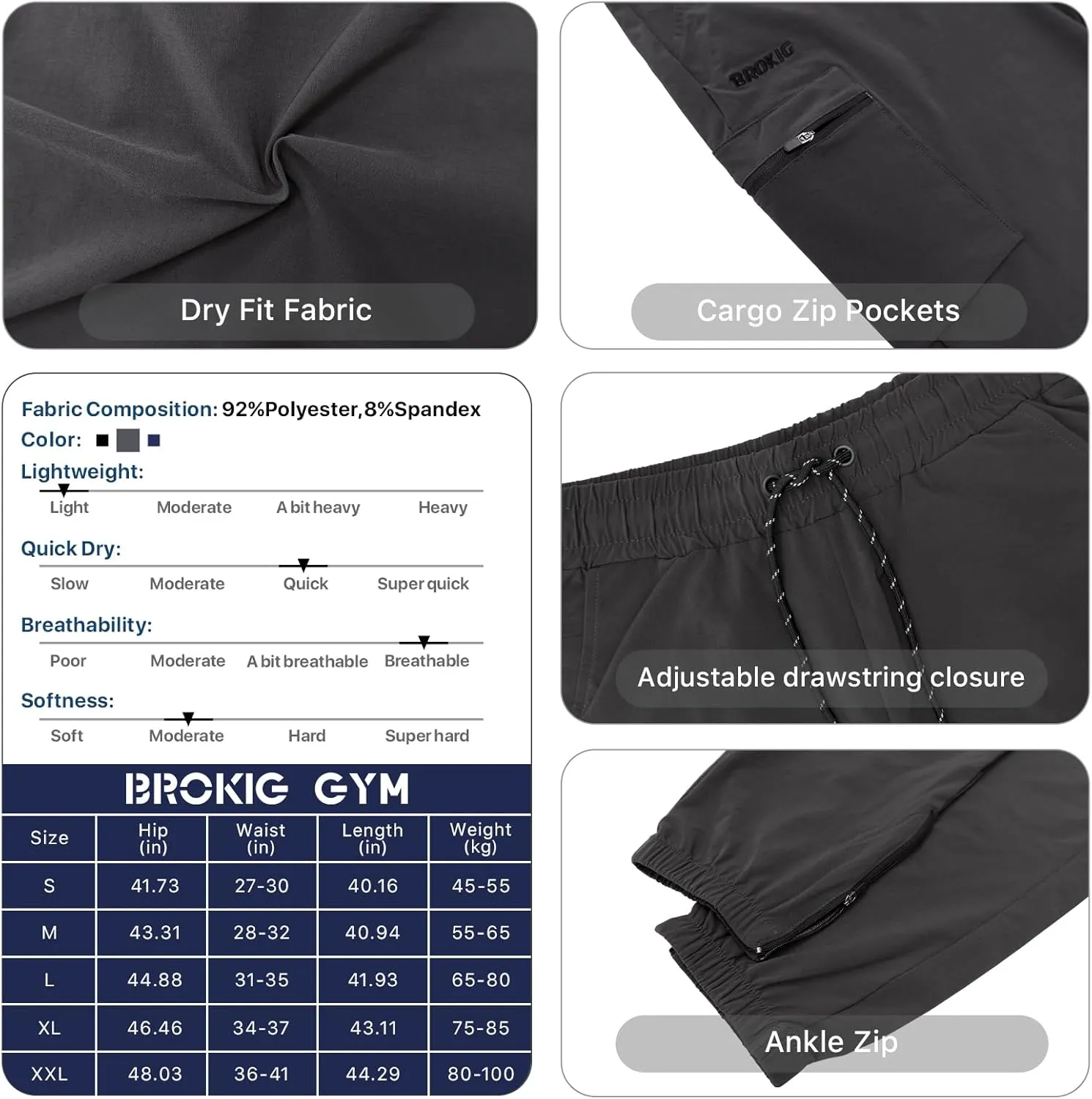 BROKIG Men's Joggers Lightweight Workout Pants Ankle Zip Gym Athletic Sports Running Sweatpants Men with Pockets