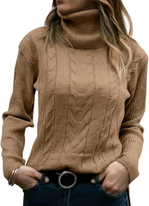 Cable Knit Sweater Women Long Sleeve Solid Color Casual Loose Chunky Knit Pullover S~2XL