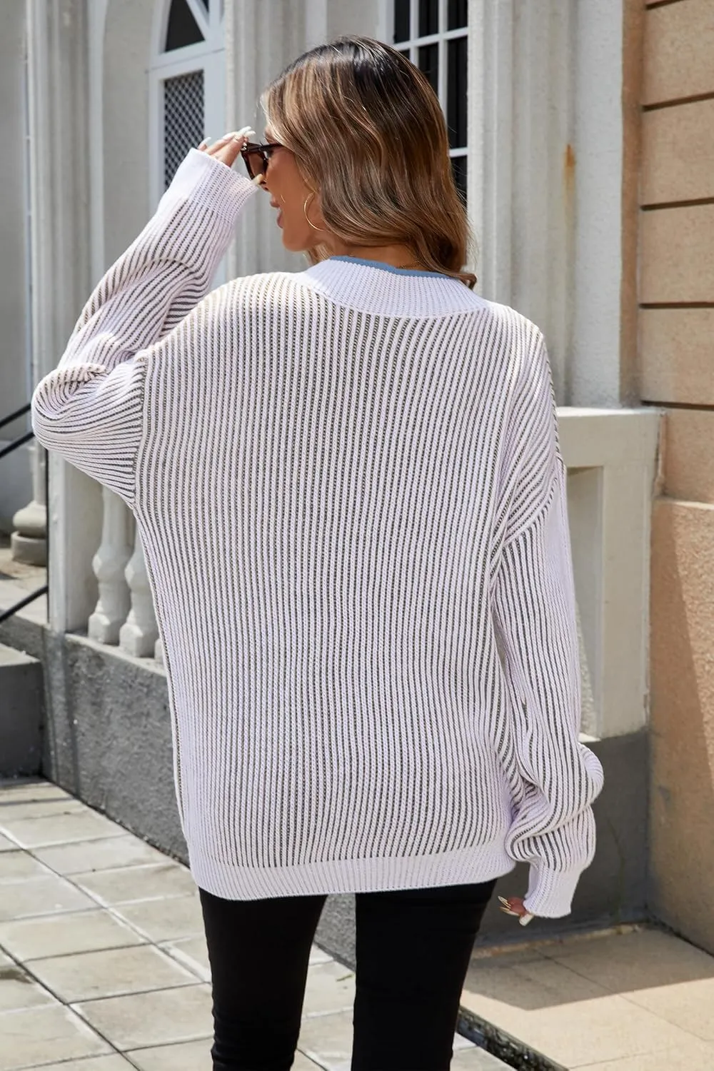 Cakulo Womens Fall 2024 Oversized Striped V Neck Sweaters Long Sleeve Knit Color Block Trendy Pullover Sweater Top