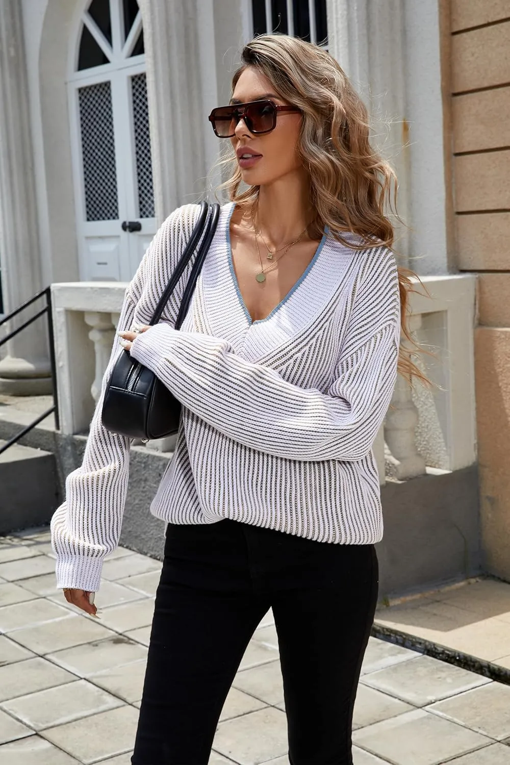 Cakulo Womens Fall 2024 Oversized Striped V Neck Sweaters Long Sleeve Knit Color Block Trendy Pullover Sweater Top