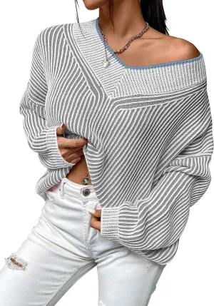 Cakulo Womens Fall 2024 Oversized Striped V Neck Sweaters Long Sleeve Knit Color Block Trendy Pullover Sweater Top