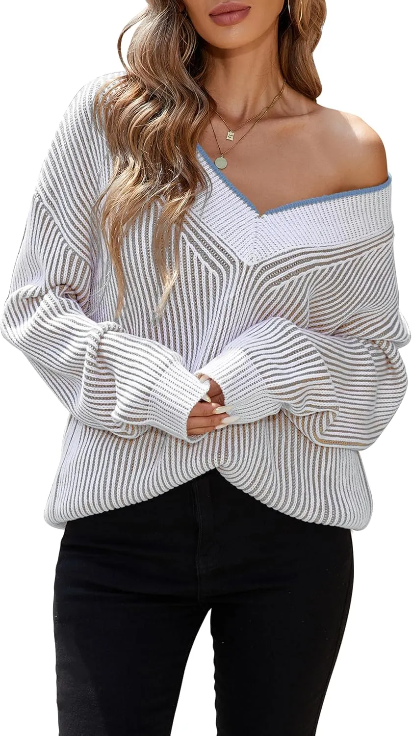 Cakulo Womens Fall 2024 Oversized Striped V Neck Sweaters Long Sleeve Knit Color Block Trendy Pullover Sweater Top