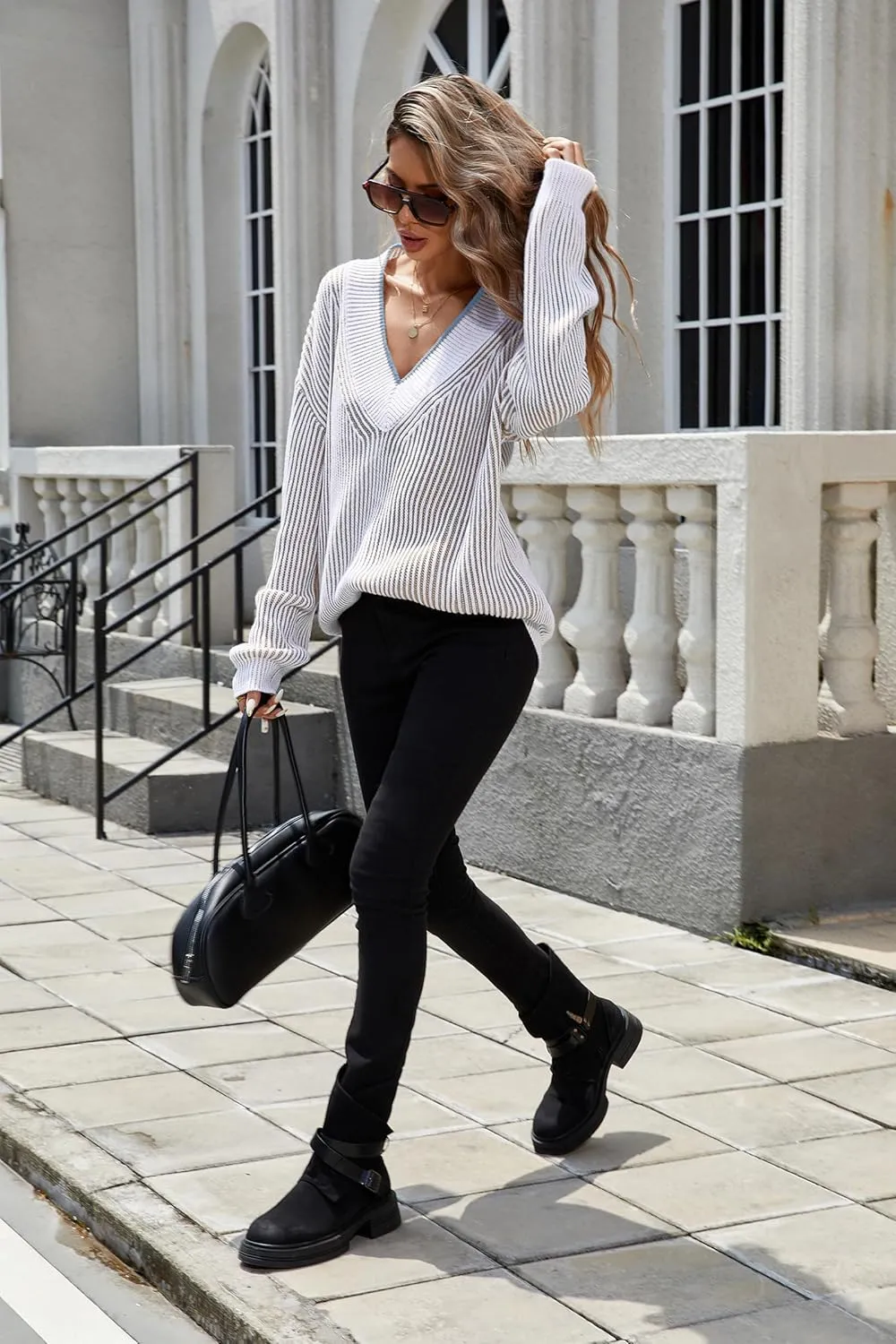 Cakulo Womens Fall 2024 Oversized Striped V Neck Sweaters Long Sleeve Knit Color Block Trendy Pullover Sweater Top