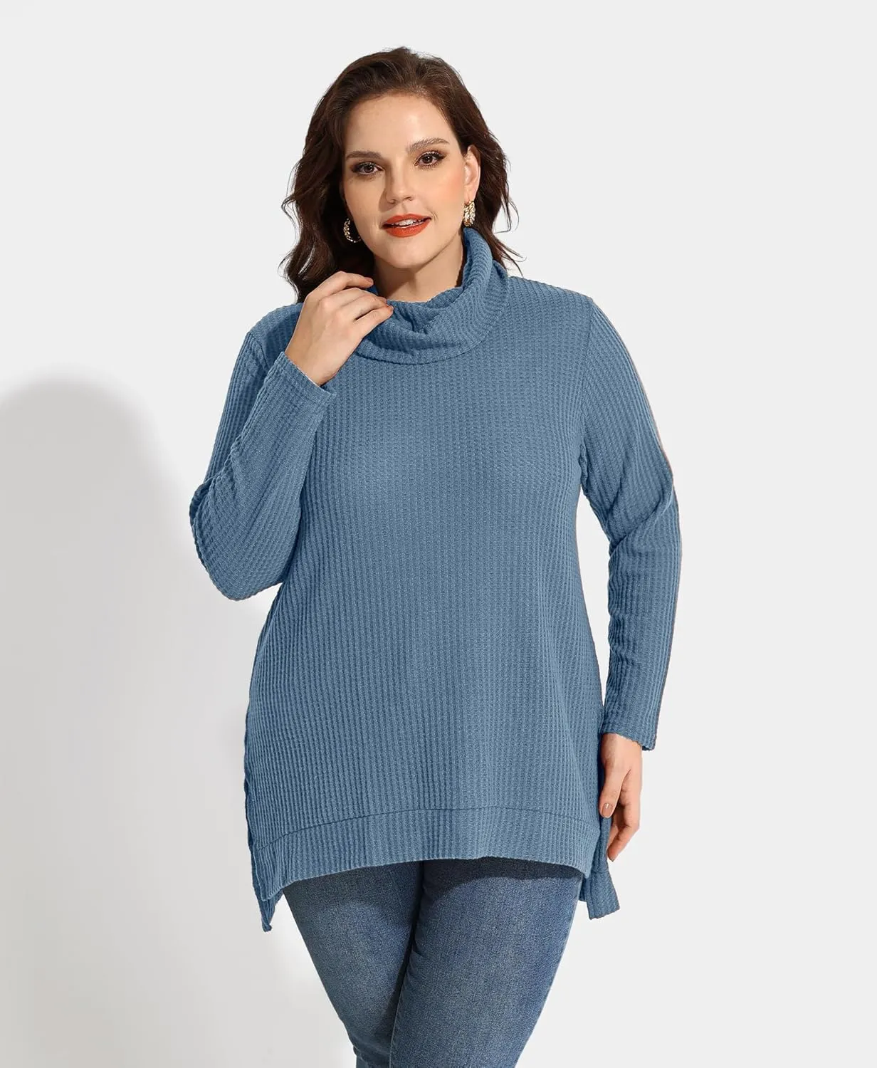 CARCOS Womens Plus Size Turtleneck Sweaters Long Sleeve Waffle Knit Tops Side Spilt Solid T-Shirts for Fall Winter