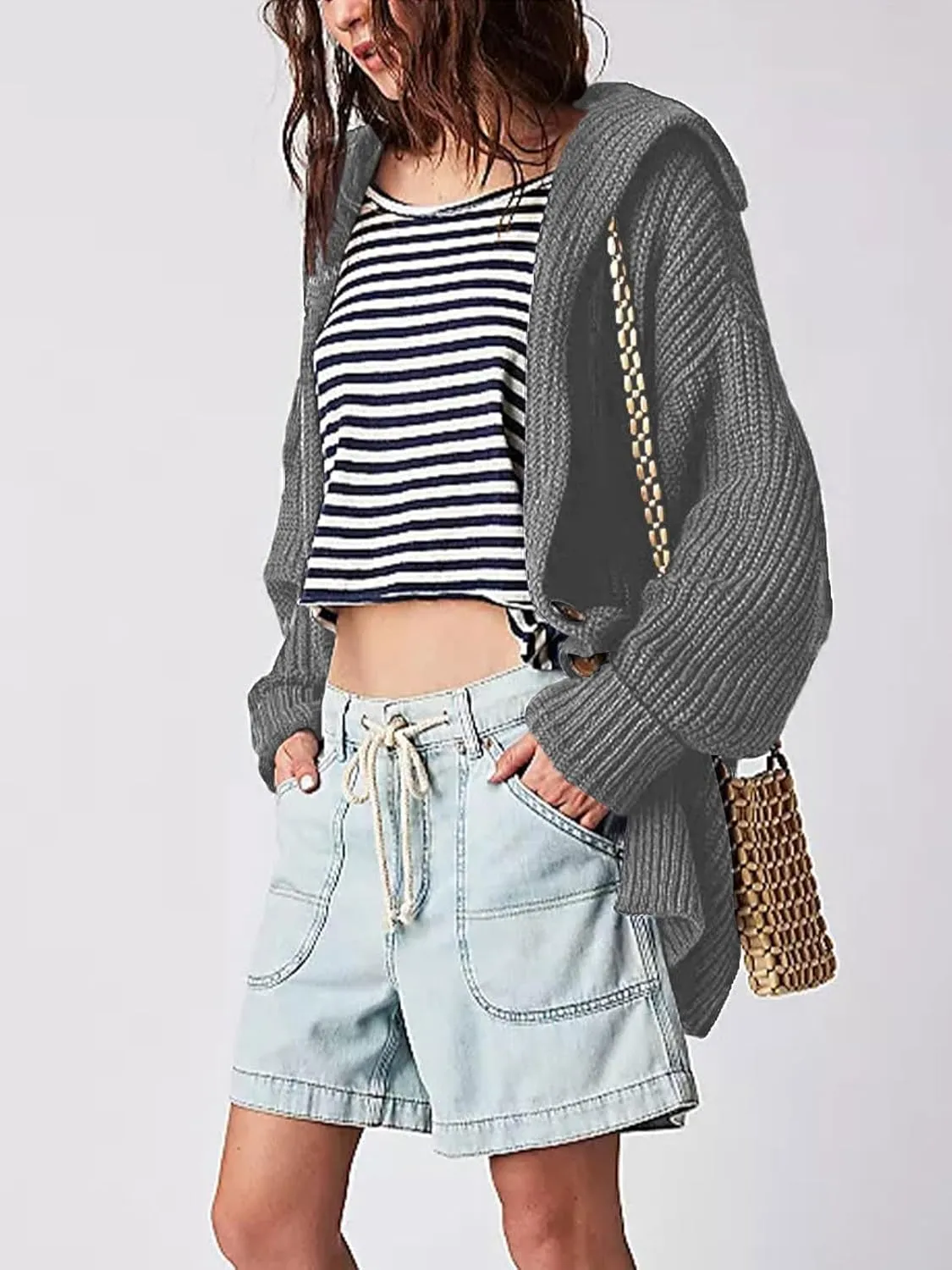 Cardigan Sweaters for Women Sailor Collar Long Sleeve Button Oversized Chunky Knit Trendy Slouchy Coat
