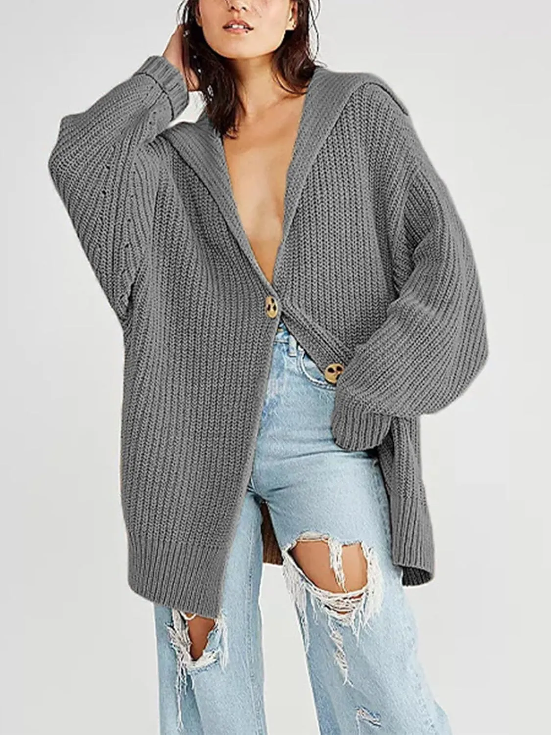 Cardigan Sweaters for Women Sailor Collar Long Sleeve Button Oversized Chunky Knit Trendy Slouchy Coat