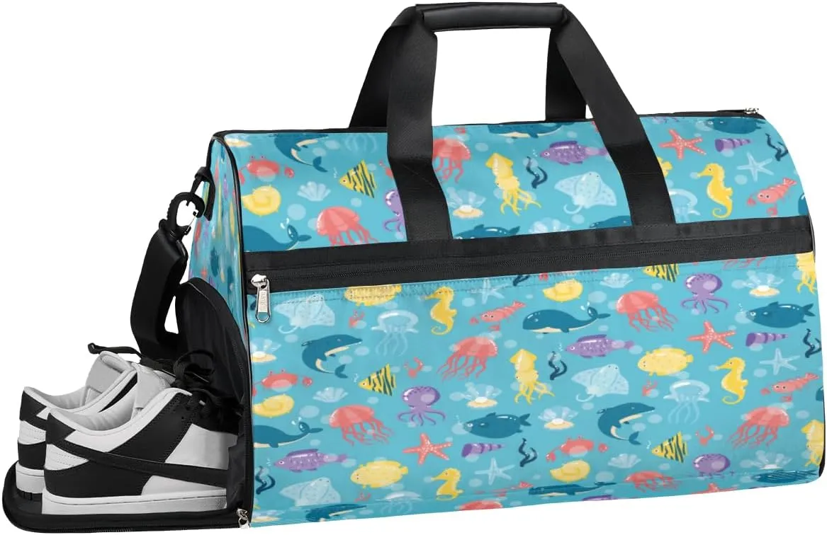 Cartoon Marine Animal Sports Gym Bag with Wet Pocket & Shoes Compartment Waterproof Workout Duffel Bag for Women and Men Weekender Overnight Duffle Bag Travel Carry-on Tote