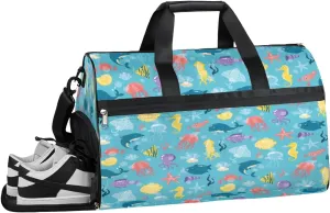 Cartoon Marine Animal Sports Gym Bag with Wet Pocket & Shoes Compartment Waterproof Workout Duffel Bag for Women and Men Weekender Overnight Duffle Bag Travel Carry-on Tote