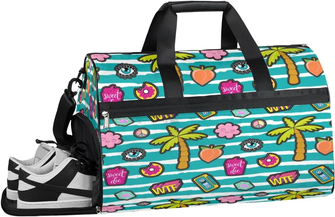 Cartoon Palm Tree Sports Gym Bag with Wet Pocket & Shoes Compartment Waterproof Workout Duffel Bag for Women and Men Weekender Overnight Duffle Bag Travel Carry-on Tote