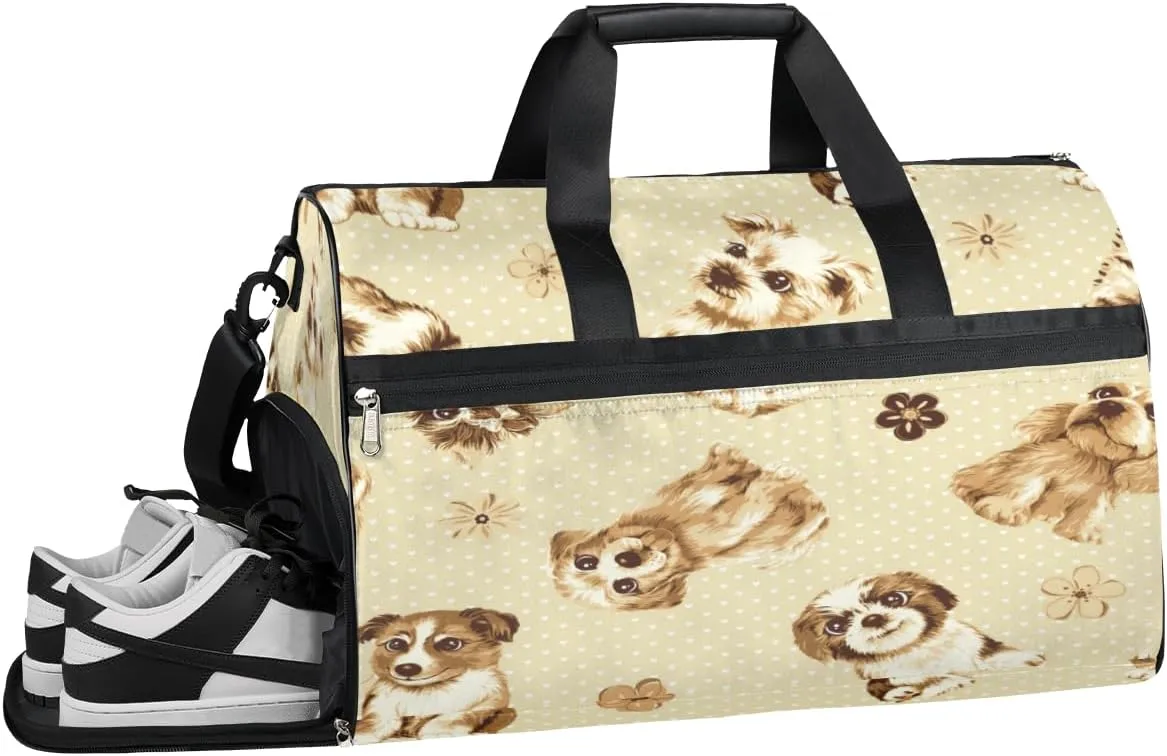Cartoon Puppy Sports Gym Bag with Wet Pocket & Shoes Compartment Waterproof Workout Duffel Bag for Women and Men Weekender Overnight Duffle Bag Travel Carry-on Tote