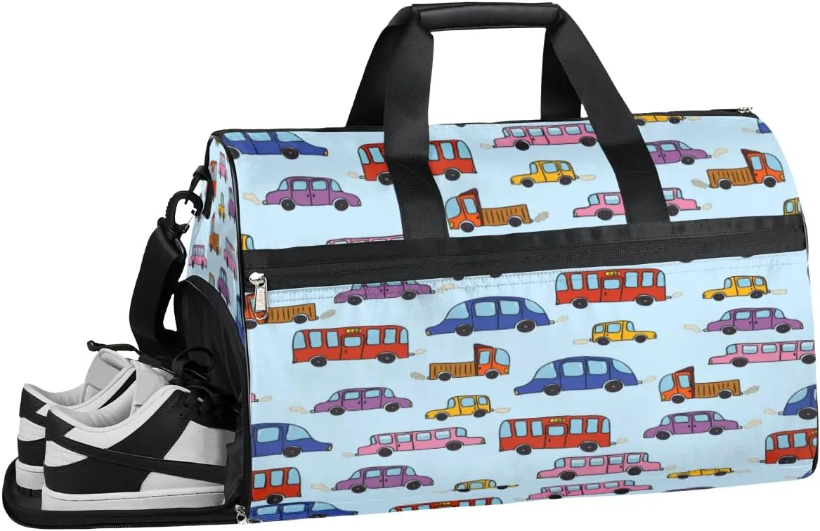 Colorful Cartoon Cars Sports Gym Bag with Wet Pocket & Shoes Compartment Waterproof Workout Duffel Bag for Women and Men Weekender Overnight Duffle Bag Travel Carry-on Tote
