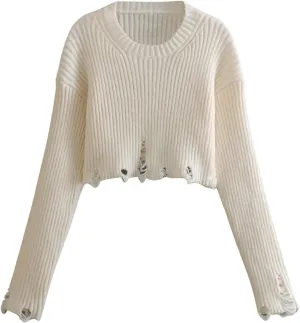 CORIRESHA Women's Trendy Cropped Distressed Sweater Solid Crewneck Long Sleeve Rib Knit Top