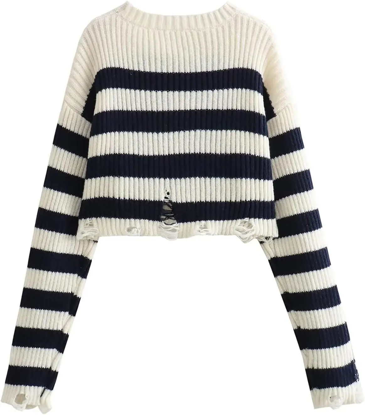 CORIRESHA Women's Trendy Cropped Distressed Sweater Solid Crewneck Long Sleeve Rib Knit Top