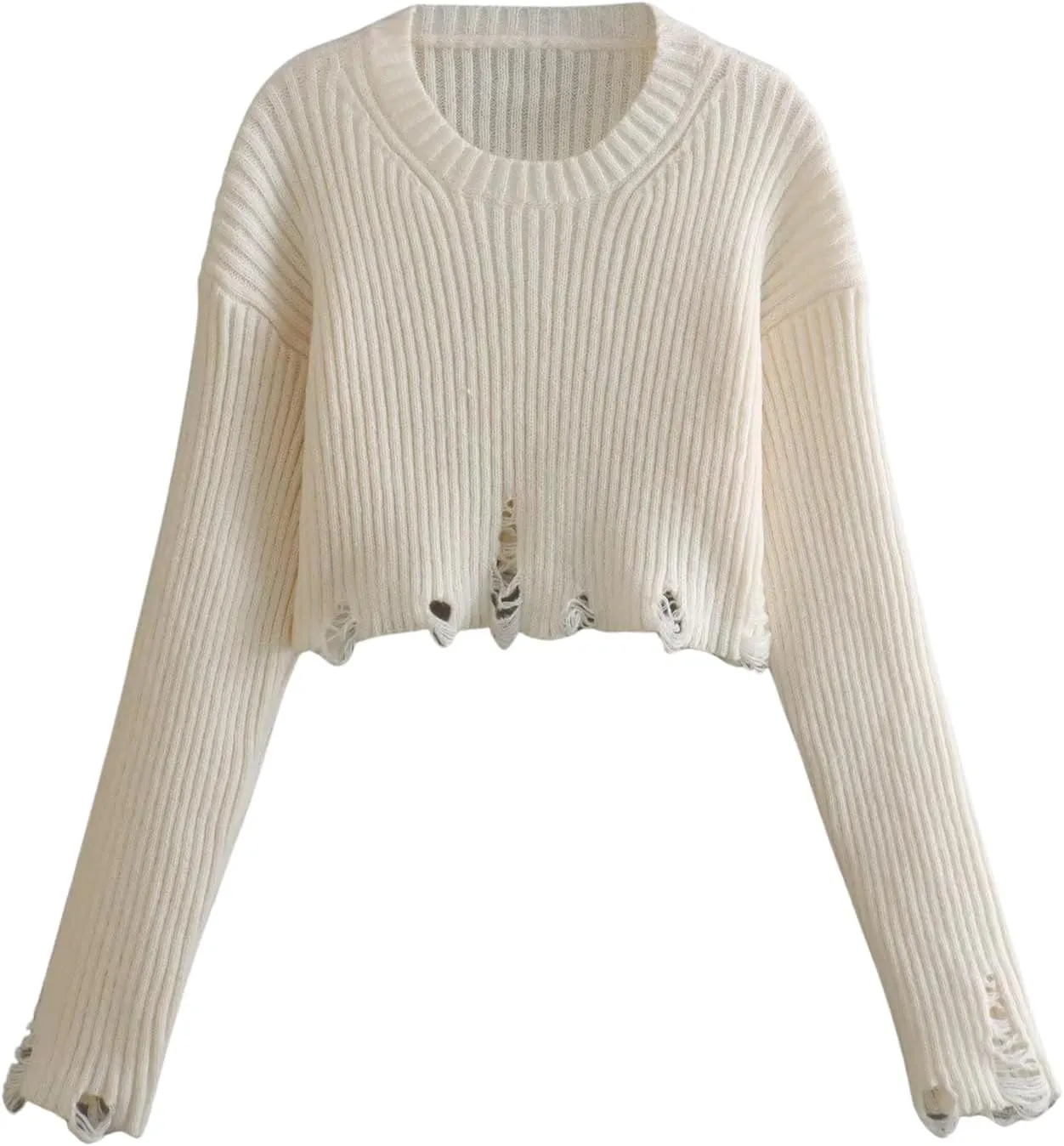 CORIRESHA Women's Trendy Cropped Distressed Sweater Solid Crewneck Long Sleeve Rib Knit Top