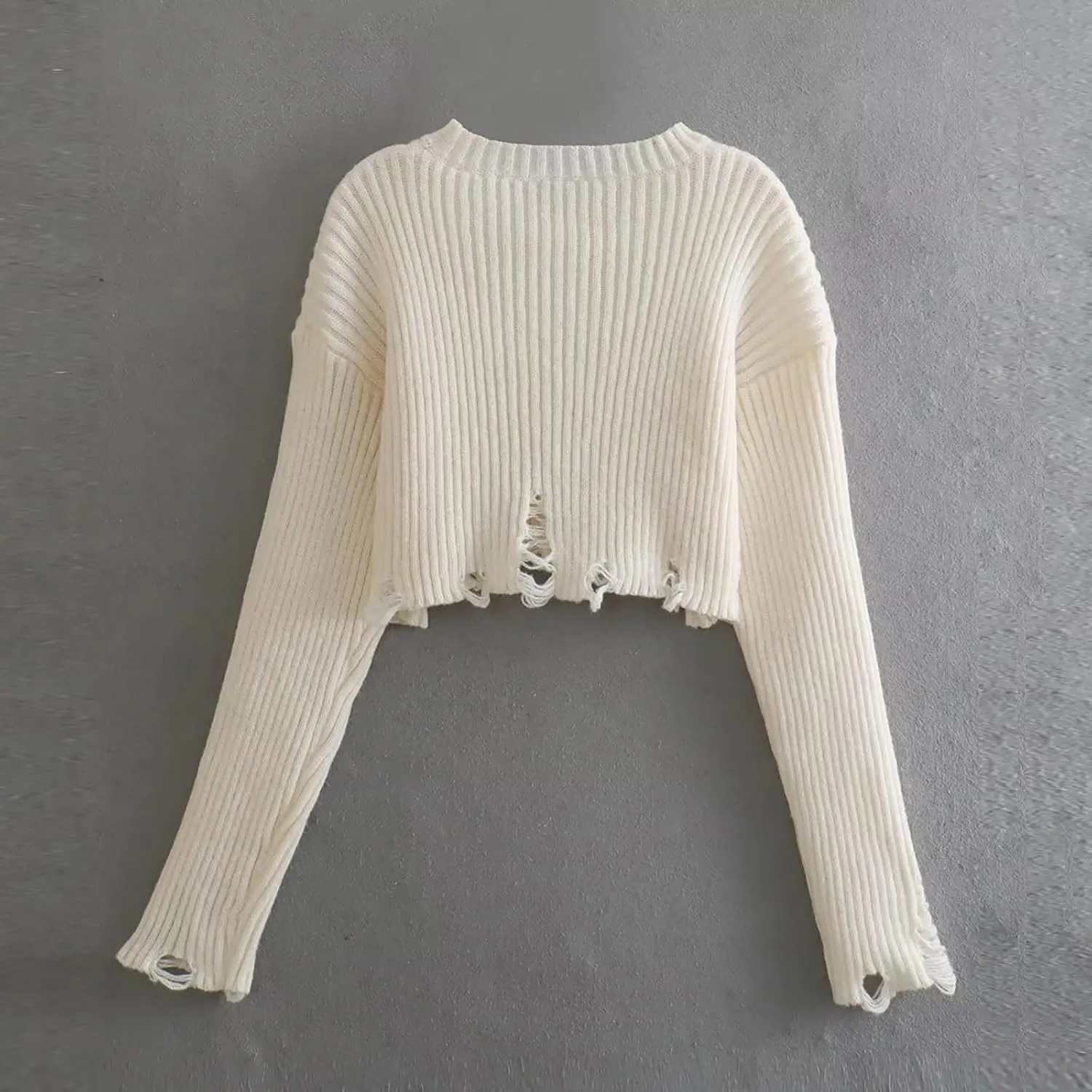 CORIRESHA Women's Trendy Cropped Distressed Sweater Solid Crewneck Long Sleeve Rib Knit Top