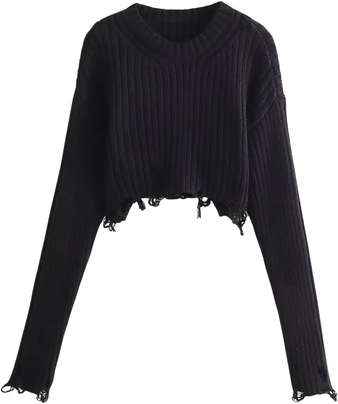 CORIRESHA Women's Trendy Cropped Distressed Sweater Solid Crewneck Long Sleeve Rib Knit Top
