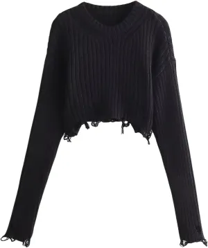 CORIRESHA Women's Trendy Cropped Distressed Sweater Solid Crewneck Long Sleeve Rib Knit Top
