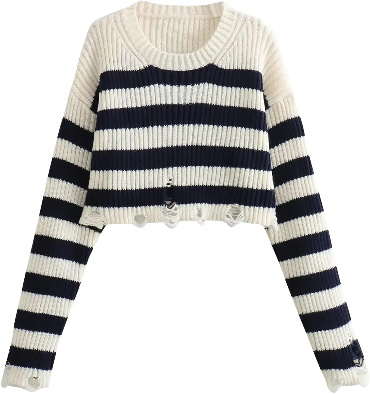 CORIRESHA Women's Trendy Cropped Distressed Sweater Solid Crewneck Long Sleeve Rib Knit Top