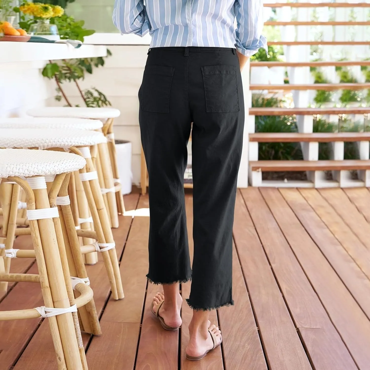 Cotton Linen Cropped Pants Women Straight Leg Capris Summer Business Casual Work Pants Ankle Length Chino Trousers