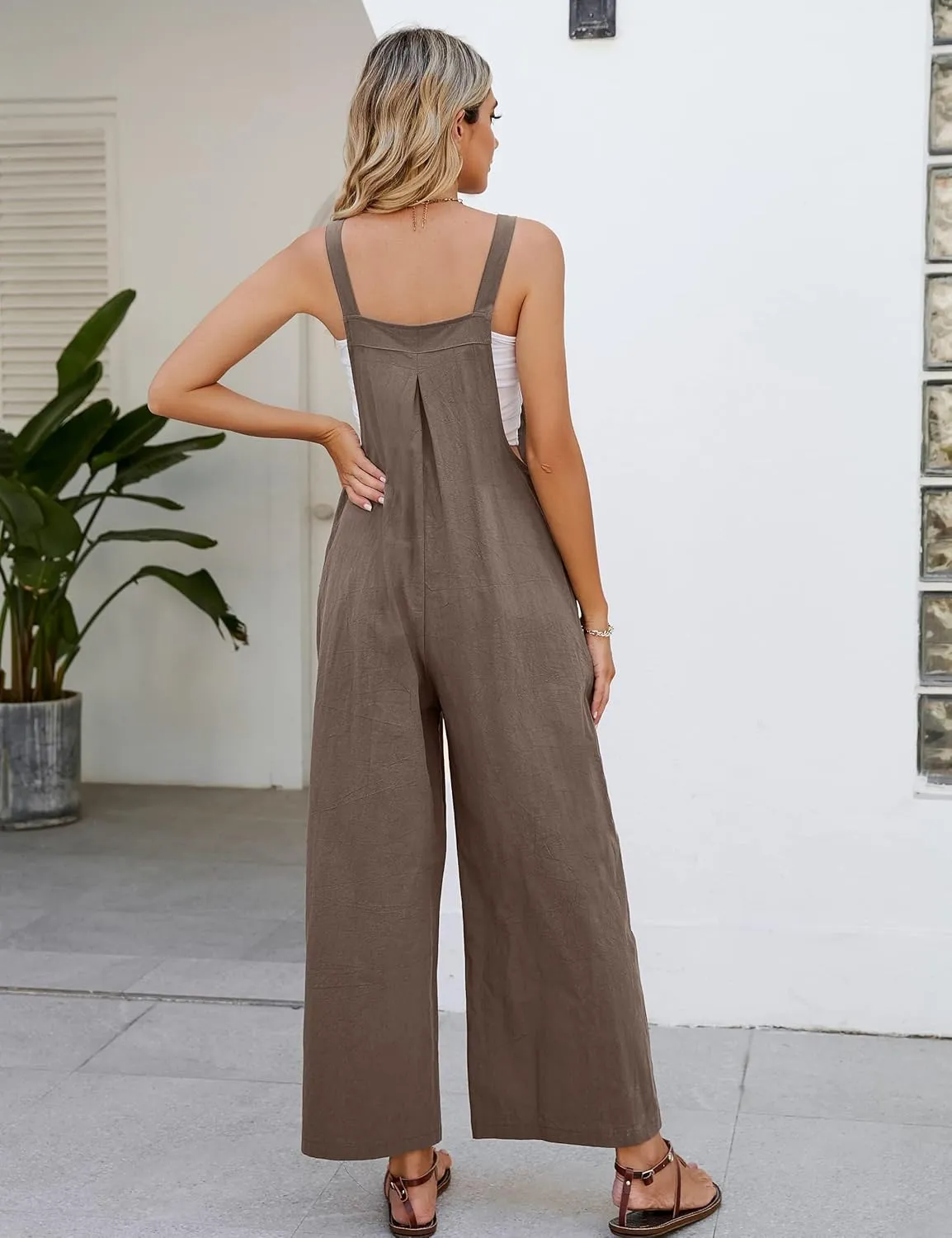 COZYPOIN Women's Cotton Bib Overalls Wide Leg Loose Fit Jumpsuit Baggy Fashion Sleeveless Rompers