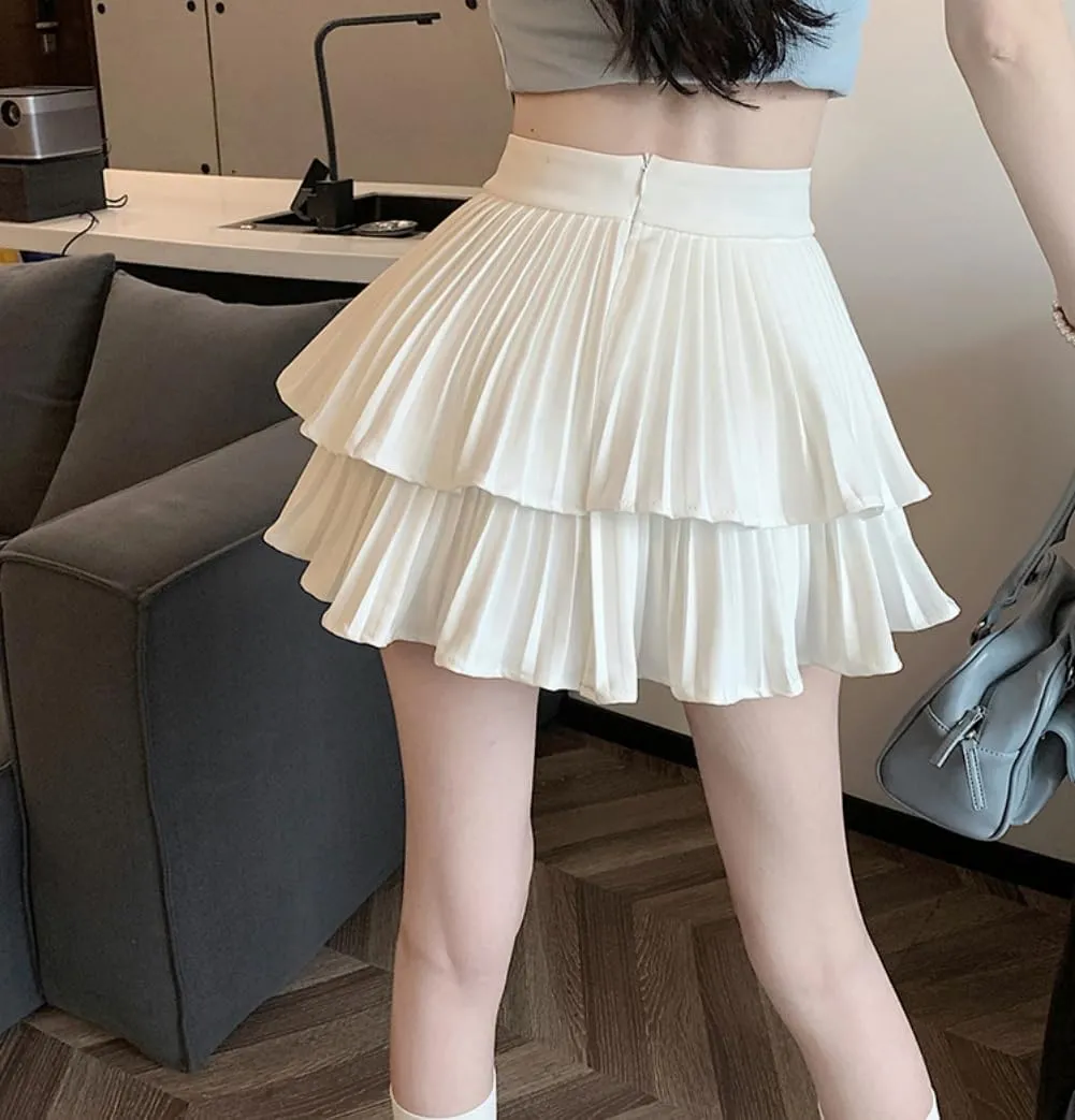 Cresay Women's High Waist Ruffle Mini Skirts Skater Layered Pleated Casual Beach Skorts Skirt