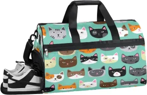 Cute Cat Face Sports Gym Bag with Wet Pocket & Shoes Compartment Waterproof Workout Duffel Bag for Women and Men Weekender Overnight Duffle Bag Travel Carry-on Tote