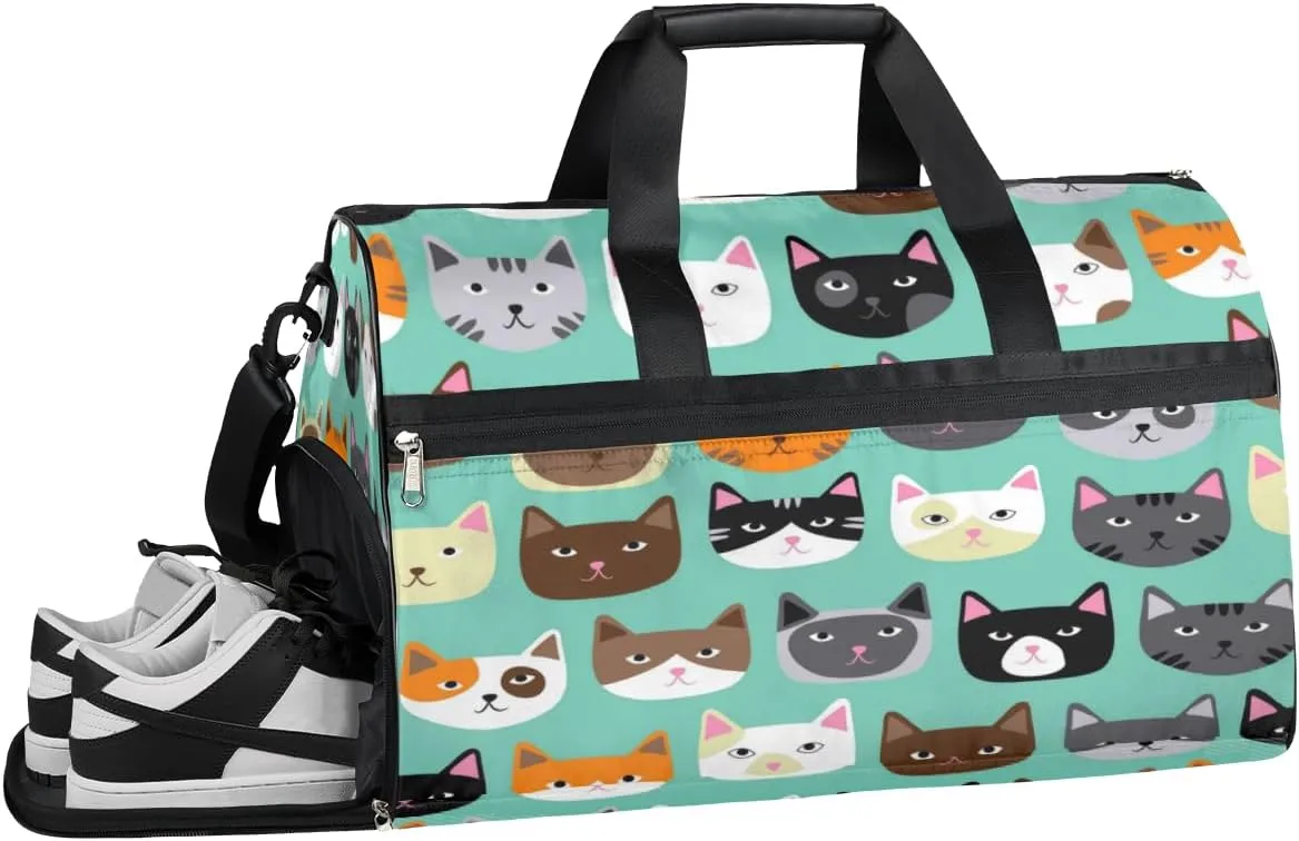 Cute Cat Face Sports Gym Bag with Wet Pocket & Shoes Compartment Waterproof Workout Duffel Bag for Women and Men Weekender Overnight Duffle Bag Travel Carry-on Tote