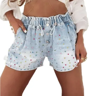 Denim Shorts for Women Stretchy High Waisted Drawstring Jean Shorts Heart Star Decor Y2K Trendy 2025