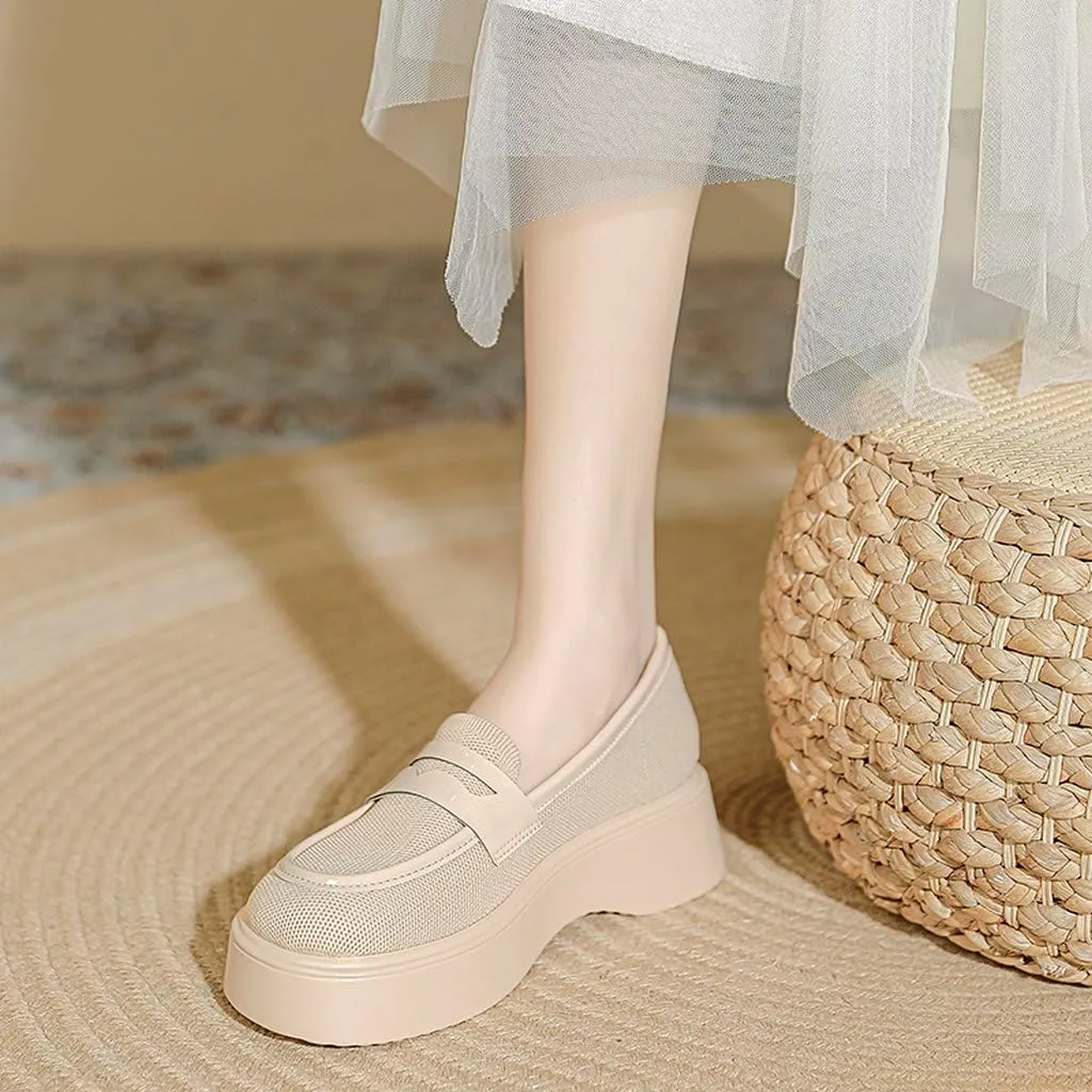 DINTAHA Chunky Platform Loafers for Women Heeled Knit Loafers Slip On Business Casual Shoes