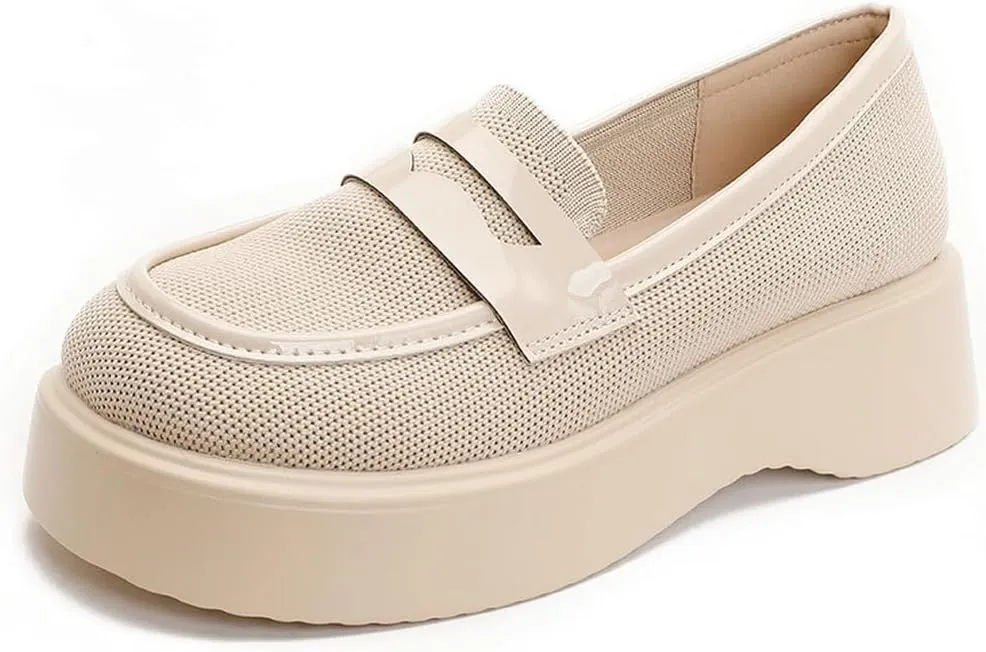 DINTAHA Chunky Platform Loafers for Women Heeled Knit Loafers Slip On Business Casual Shoes